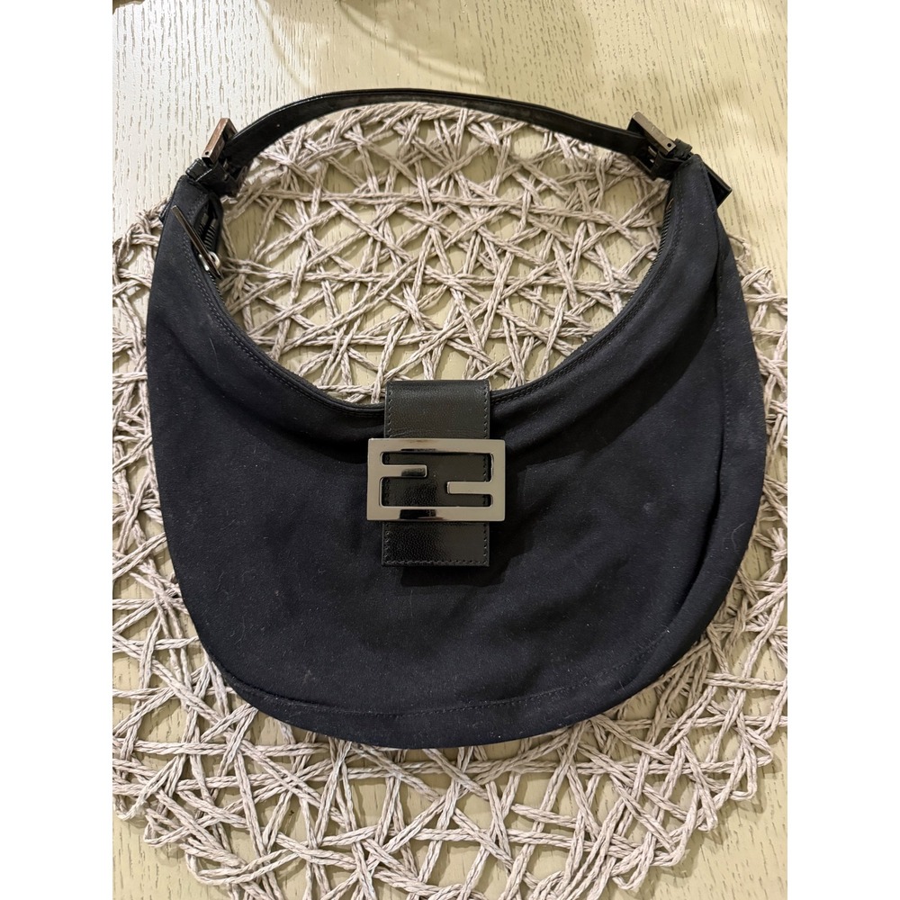 Fendi Vintage Black Jersey Croissant Hobo Bag FF Logo Silver Hardware